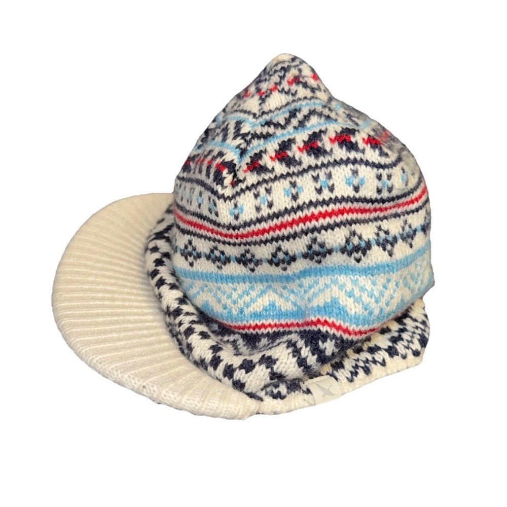 Eddie Bauer Sunshade Beanie Hat Fair Isle Pattern One Size White Visor Kid Youth